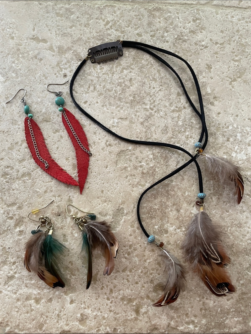 Festival, feather jewelry and hair clip bundle. Handmade one of a kind!